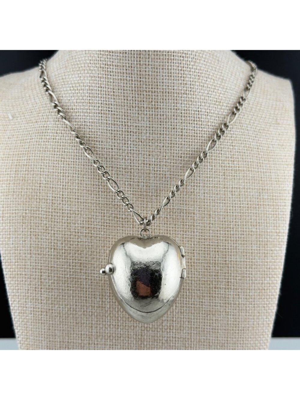 Large Puffy Heart Locket Pendant Necklace Silver Tone Sandor Co Heavy Statement